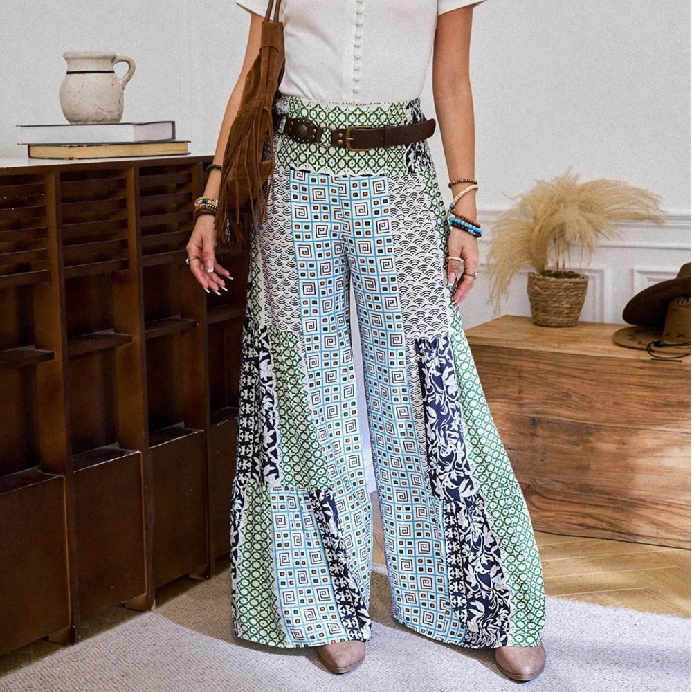 Boho Geo Patchwork Print Wide Leg High Waisted Pants